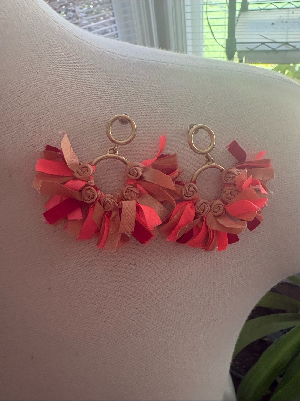 Gold-tone Fringe Hoop Post Earrings in Coral and Peach